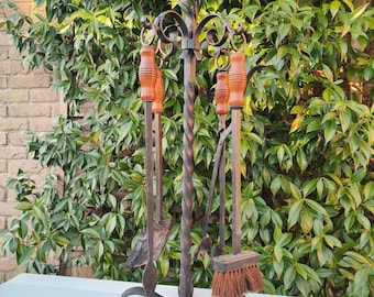 Vintage Wrought Iron Fireplace Tool Set – Twisted Iron & Turned Wood Handles – Mid-Century Hearth Companion Set – Rustic European Fireside
