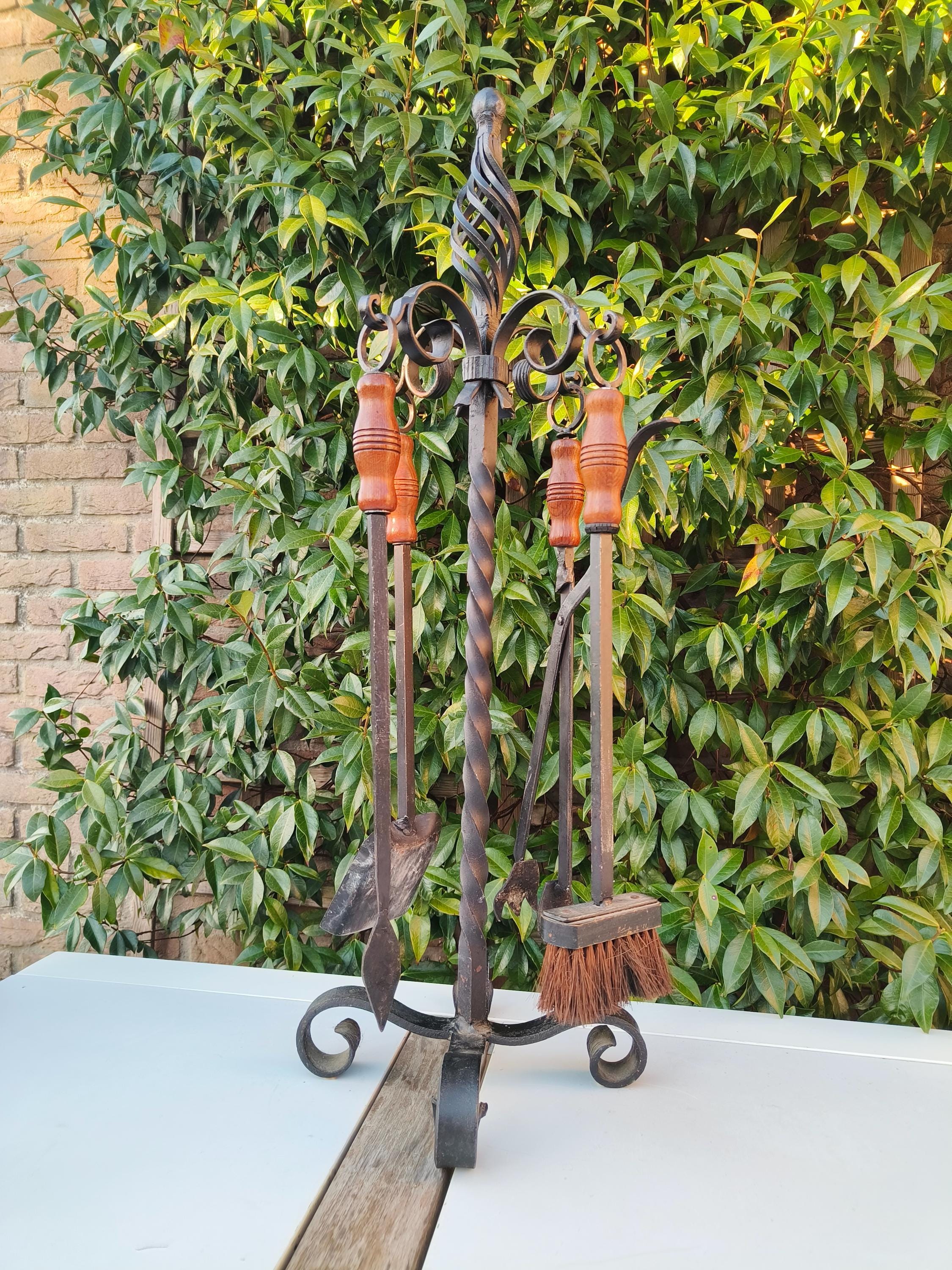 Vintage Wrought Iron Fireplace Tool Set – Twisted Iron & Turned