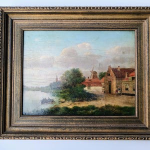 Antique Dutch Oil Painting – G.F. Teyssen Signed – River Village Scene with Windmill – Hague School Landscape ca. 1900