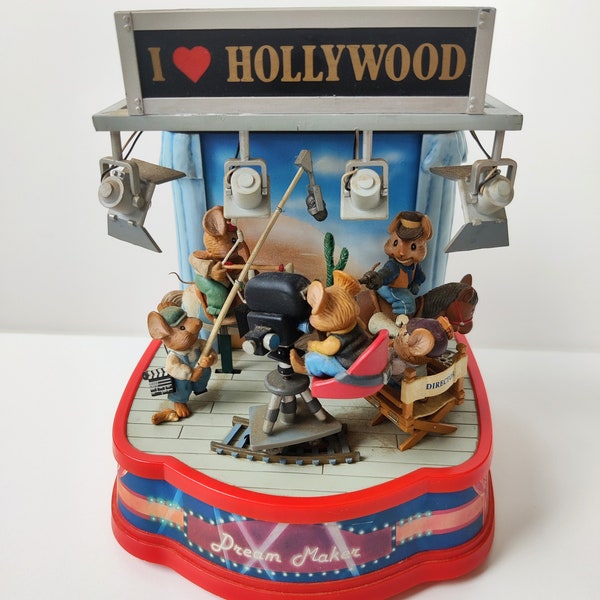 Enesco Vintage Music Box wind-up - Home on the Stage - I love Hollywood movie set western - collectors deluxe Multi-Action musical - 1991