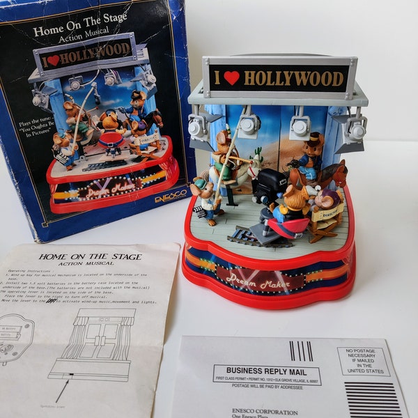 Enesco Vintage Music Box wind-up - Home on the Stage - I love Hollywood movie set western - collectors deluxe Multi-Action musical - 1991