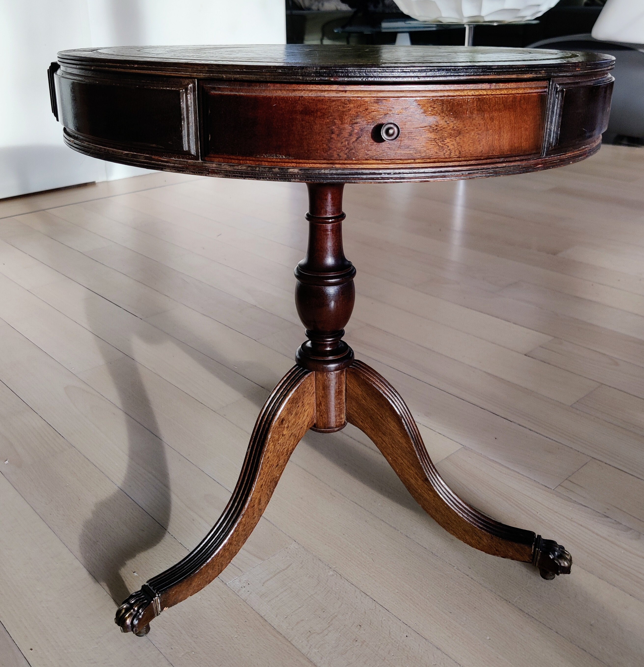 Antique Round Side Table Wood With Beautiful Green Leather Top Gold Neoclassical Style Exclusive ...