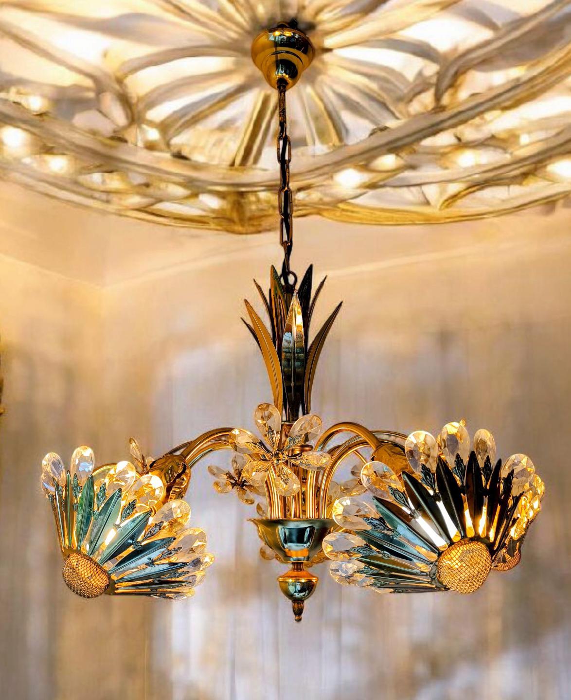 Vintage Hollywood Regency Chandelier – Brass & Crystal Palm Leaf