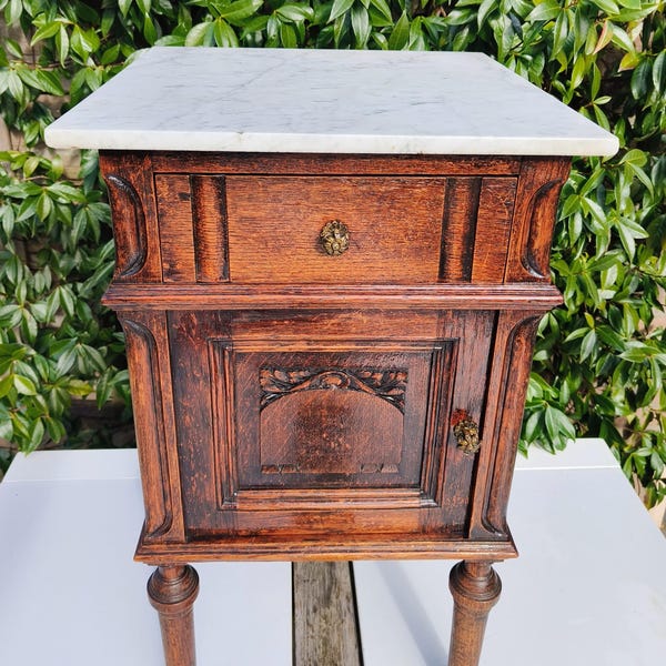 Antique Victorian sidetable / cabinet - Antique Oak Marble Top Nightstand – Late 19th Century Cabinet – French Provincial Side Table – 1880