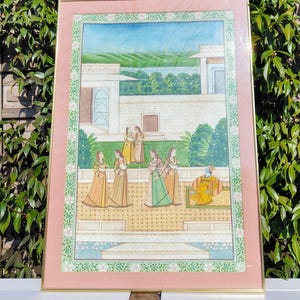 Large Mughal India Painting – Hand-Painted Palace Scene, Courtly Women & Musician, Traditional Indian Miniature Art, Framed
