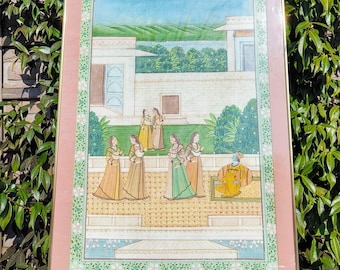 Large Mughal India Painting – Hand-Painted Palace Scene, Courtly Women & Musician, Traditional Indian Miniature Art, Framed