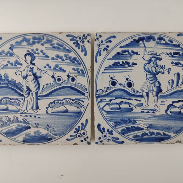 Antique Dutch tile - Dutch blue and white Holland ca 18th century circa 1750 - souvenir - shepherd and woman - Delft tiles pair