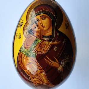 Egg Icoon Feodorovskaja- Moeder Gods - Handbeschilderd en gesigneerd - Hout - 19e eeuw religieus art antique