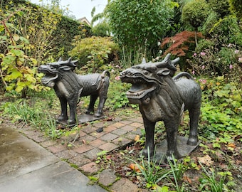 Exclusive pair Chinese guardian Lion Foo dogs - Imperial Garden Entry statues protection - Antique Chinese sculptures - Fortune and wisdom