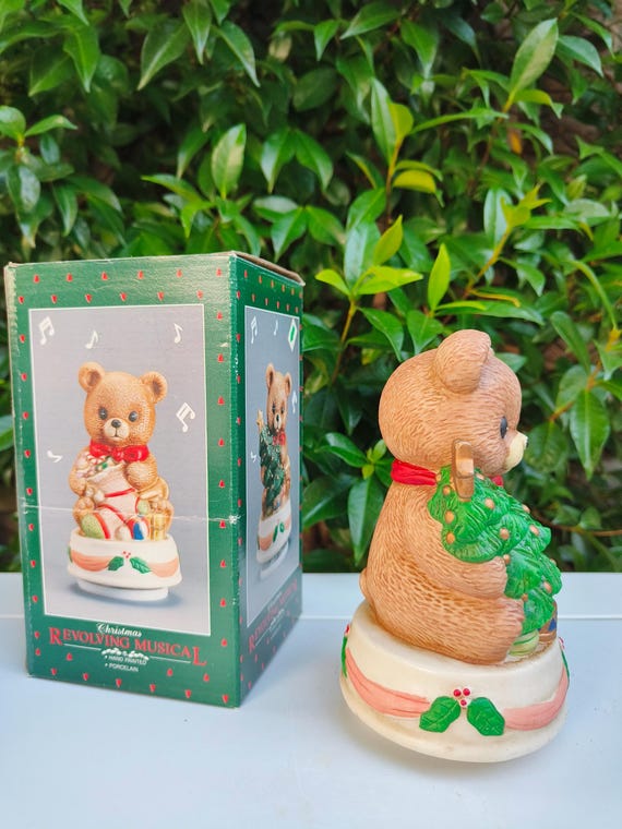 Vintage Wind-up Music Box- With Original Box - Christmas Bear