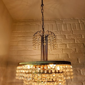 Luxurious Antique French Empire Crystal Chandelier – 5-Tier Brass Palm Basket Ceiling Light – Mid-Century Statement Lighting