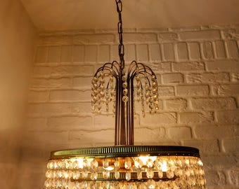 Luxurious Antique French Empire Crystal Chandelier – 5-Tier Brass Palm Basket Ceiling Light Mid-Century Statement Lighting Hollywood Regency