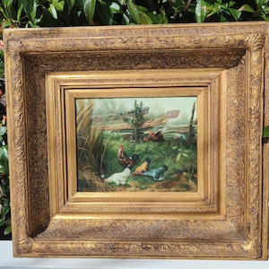 Antique Dutch Oil Painting Signed Ritsema – Chickens in Landscape Gilt Frame – 19th Century Fine Art – Rustic Elegance Farm Scene Victorian