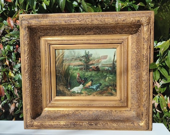 Antique Dutch Oil Painting Signed Ritsema – Chickens in Landscape Gilt Frame – 19th Century Fine Art – Rustic Elegance Farm Scene Victorian