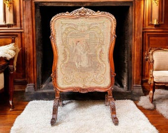 Rare 18th Century French Régence Tapestry Room Divider & Firescreen – Hand-Carved Birch/Lime Wood, Needlepoint Inset, 1750 French Chateau