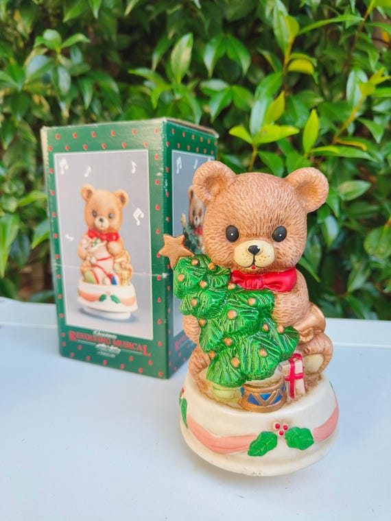 Vintage Wind-up Music Box- With Original Box - Christmas Bear