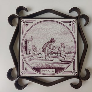 Antique Dutch tile - 18th century manganese - with iron frame - Bible Biblical Religious - ca 1750 Holland