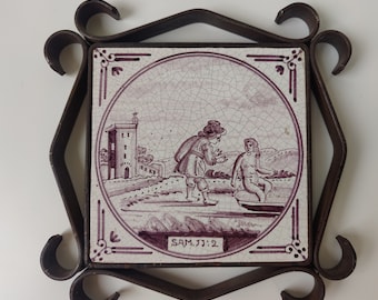 Antique Dutch tile - 18th century manganese - with iron frame - Bible Biblical Religious - ca 1750 Holland