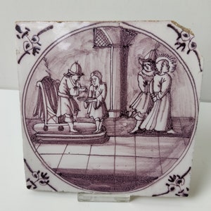 Antique Dutch tile - 18th century manganese - Mat 27:24 Pilate washes his hands in innocence Bible Biblical Religious - ca 1750 Holland