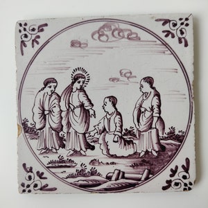 Antique Dutch tile - 18th century manganese - Synoptic Gospels Jezus Miracle - Bible Biblical Religious -ca 1750 Holland souvenir