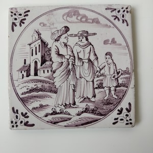 Antique Dutch tile - 18th century manganese bible - Genesis 21:9-21 Hagar, Abraham, Ismael - Holland ca 1750 souvenir religious