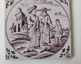Antique Dutch tile - 18th century manganese bible - Genesis 21:9-21 Hagar, Abraham, Ismael - Holland ca 1750 souvenir religious