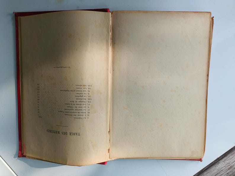 May include: An open antique book with a red cover, displaying aged, cream-colored pages. The left page features a table of contents in French, with titles and numbers. The right page is blank.