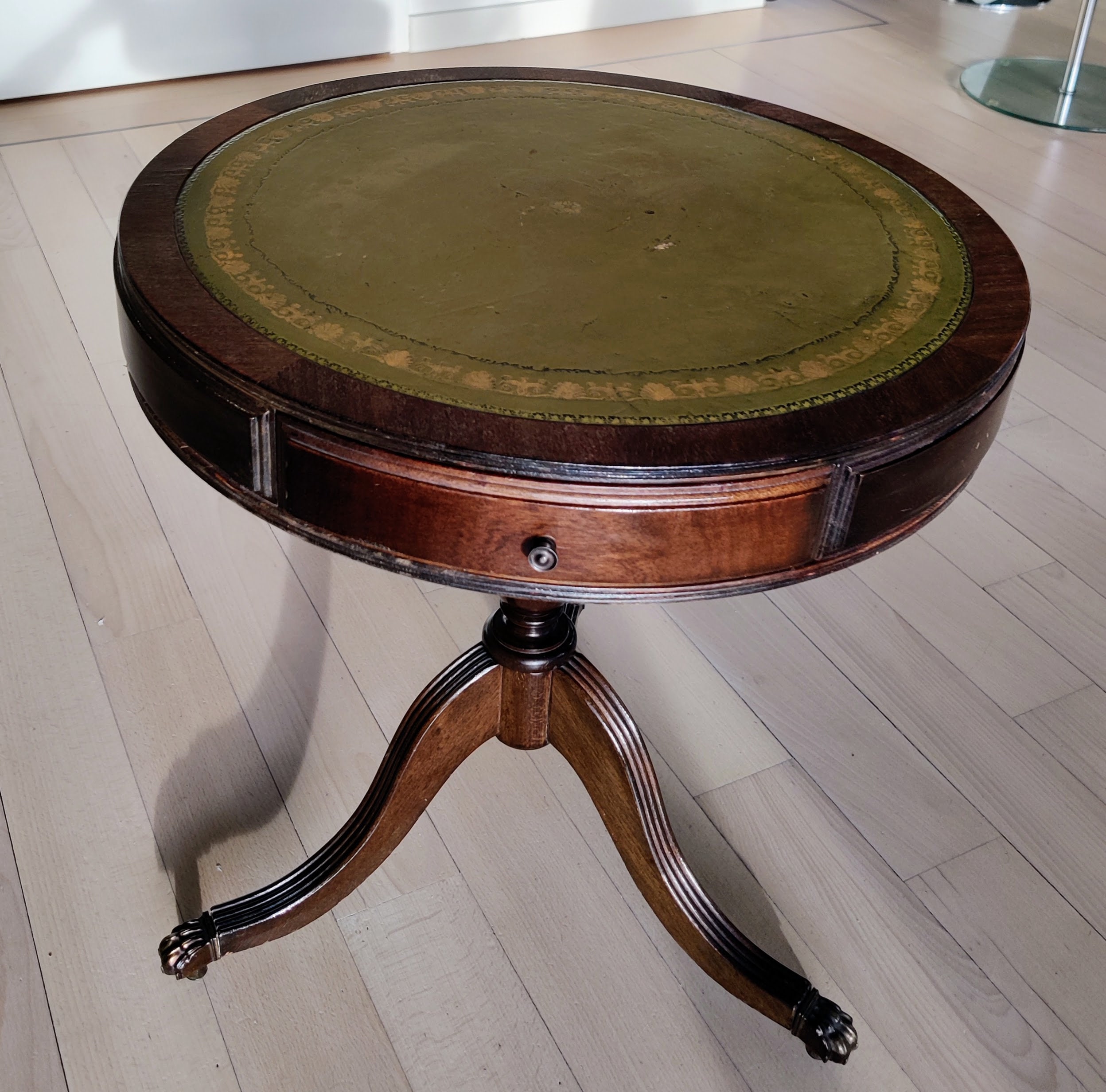 Antique Round Side Table Wood With Beautiful Green Leather Top Gold ...