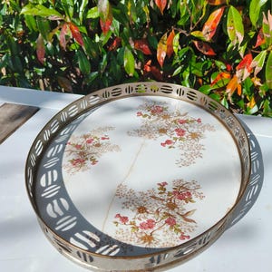 Vintage 1967 Floral Ceramic Serving Tray – Oval Mid-Century Metal Rim – Shabby Chic Tea Tray with Markings by MS CO