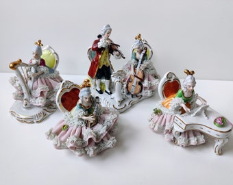 Exclusive Dresden Germany - 4 Vintage gilded Porcelain Hand Paint Antique Figurines - Rococo Concert orkest piano harp Meissen Rittirsch