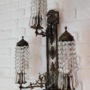 Antique French Bronze Wall Sconce • 3-Light Crystal Prism Lamp • Rococo Revival Chandelier Style Lighting • 19th c Elegance