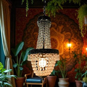 Vintage Boho Chic Empire-Style Crystal Chandelier | Eclectic Hanging Lamp with Brass & Beads