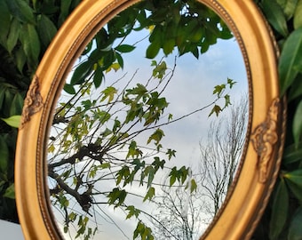Antique French mirror - gold oval with elegant and detailed design - vintage find European mirror  Lodewijk XV-style
