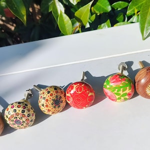 Set of 6 Hand Painted Wooden Drawer Knobs – Floral Cabinet Pulls, Boho Furniture Hardware, Decorative Wooden Knobs