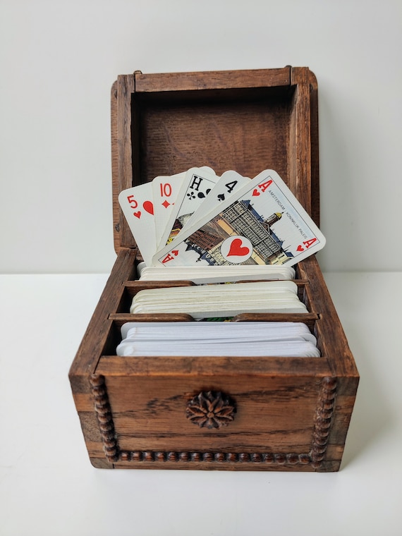 Vintage playing card chest - trinket box chest - Antique chest Dutch 1920 home decor handcarved - cardgame chest