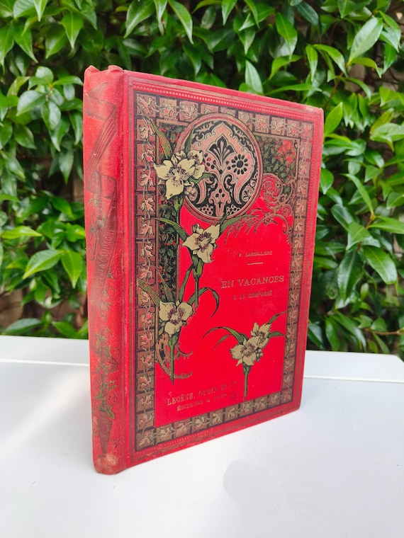 Antique French Book c.1880 – “En Vacances à la Campagne” – Chromolithograph Victorian Gift Binding – Red Floral Gilt – Rare Decorative Liter
