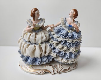 Dresden Ireland Müller Volkstedt - Porcelain Hand Paint Antique - Two figurine ladies porcelain lace - Victorian Rococo - MZ irish dresden