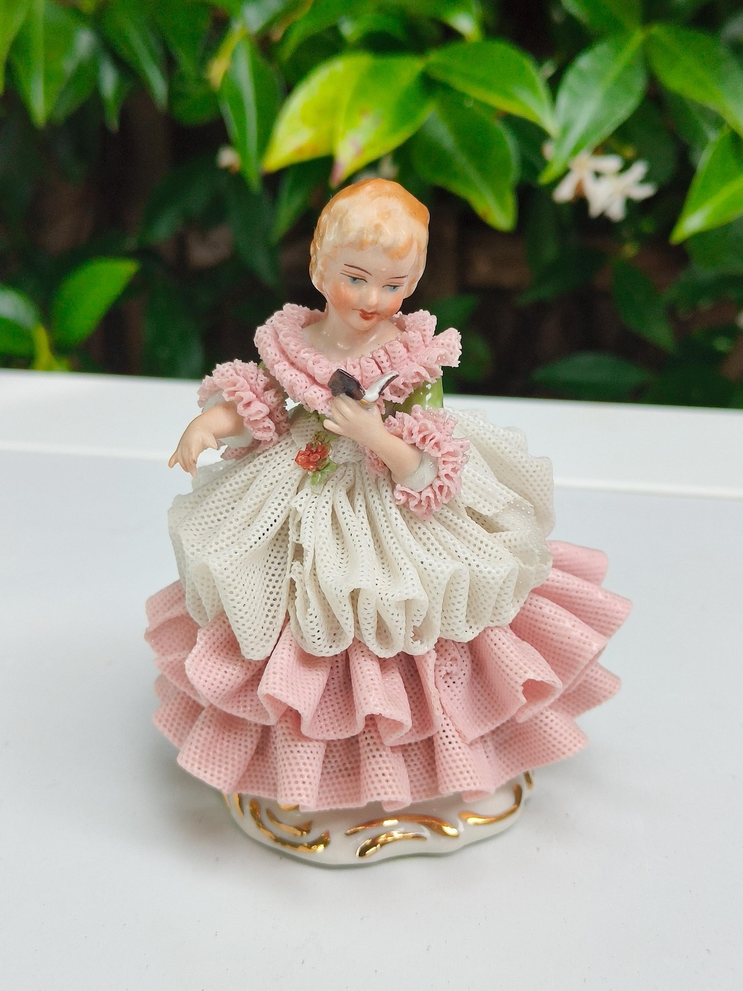 Antique Dresden Lace Porcelain Figurine Girl With Bird