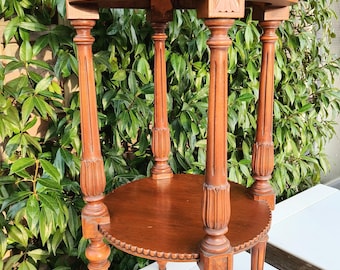 Antique side table / wine table with two layers - pedestal handcarved / Empire style - Exclusive English country house decor