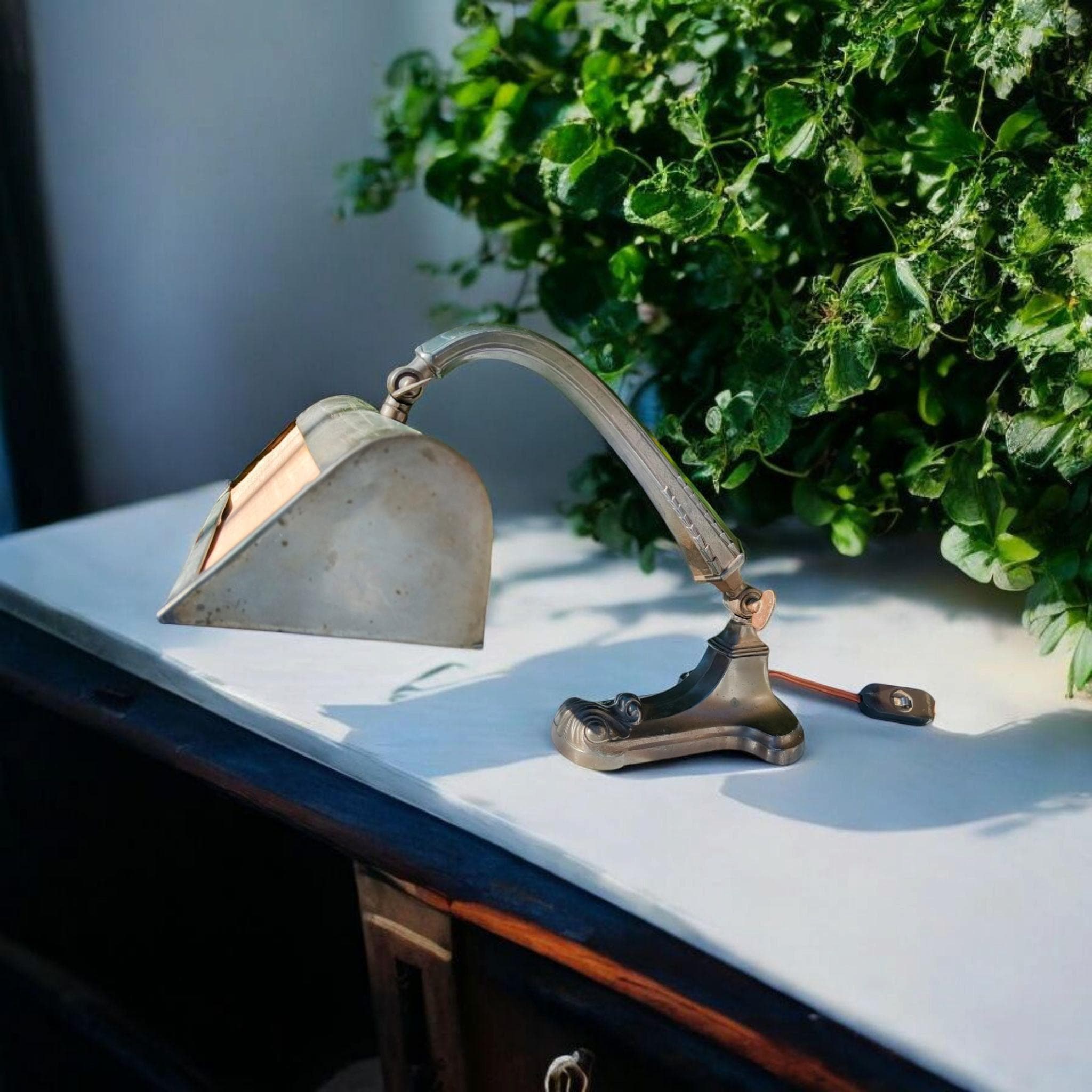 Antique Art Deco Bankers Desk Lamp – Brass & Copper Adjustable Light – Industrial Steampunk Lighting – 1920s Office Decor