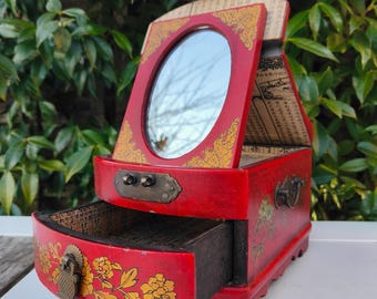 Vintage Chinese Lacquer Jewelry Box with Mirror – Dragon & Phoenix Symbolism – Wedding Dowry Style Vanity Case – Oriental Antique Decor