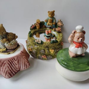 Three gorgeous music boxes with bears - Enesco Cherished Teddies vintage music box - vintage ceramic wind-up musicboxes teddy bear