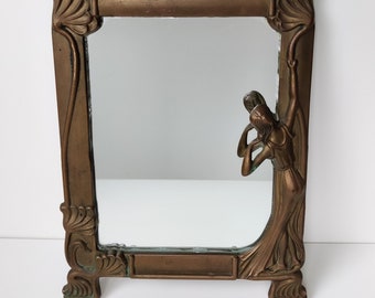 Art Nouveau spiegel - koperen antieke spiegel met prachtige vormen en dame - 1890 a 1900 - collectible - Vanity tafelspiegel