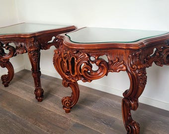 Exceptional Pair of Italian Rococo Revival Console Tables – Early 20th Century – Hand-Carved Wood with Custom Glass Tops – Museum-Style Stat