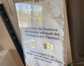 Welcome Sign - Handyfreie Trauung - Hochzeit, Verlobung, Unplugged Ceremony - Acrylschild, Plexiglasschild, Tischnummer, Table number