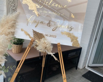 Panneau de bienvenue - Panneau de bienvenue feuille d'or - Mariage, Fiançailles, Décoration de mariage - Panneau acrylique, Panneau en plexiglas, Numéro de table, Numéro de table