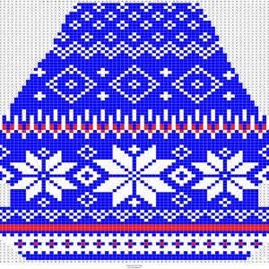 May include: A blue and white knit hat pattern chart with a snowflake design. The chart is numbered for rows and columns.