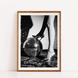 Disco Ball Stiletto Photo, Vintage Nightclub Wall Art, 70s Glam Black White Print, Dance Floor Decor for Women, Retro Fashion Photo Gift