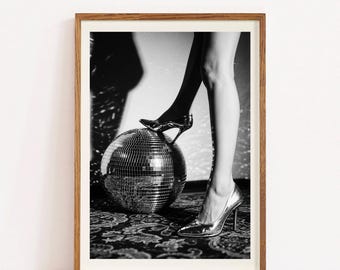 Disco Ball Stiletto Photo, Vintage Nightclub Wall Art, 70s Glam Black White Print, Dance Floor Decor for Women, Retro Fashion Photo Gift