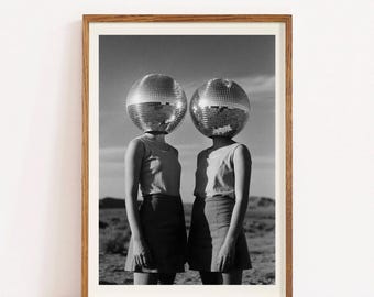 Disco Ball Head Couple Photo, Surreal Outdoor Portrait with Mirror Reflections, Retro Fantasy Art Print, Minimalist Fashion Decor Gift
